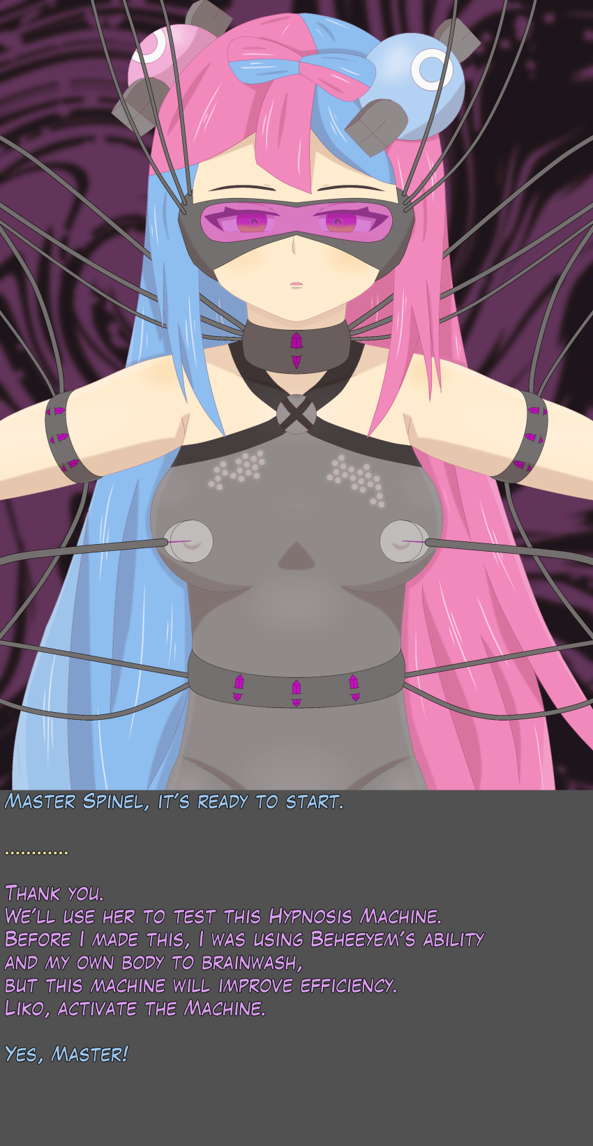 blue_hair corruption enemy_conversion femsub glowing hypnotic_screen iono_(pokemon) magnemite nasicampur32 nintendo pink_hair pokemon pokemon_(anime) pokemon_(creature) pokemon_scarlet_and_violet tagme tech_control text visor