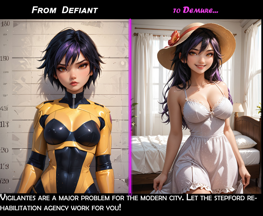 ai_art before_and_after big_hero_6 cleavage domestication dress feminization femsub gogo_tomago gregory_michelson_(generator) hat large_breasts long_hair smile solo stepfordization tomboy