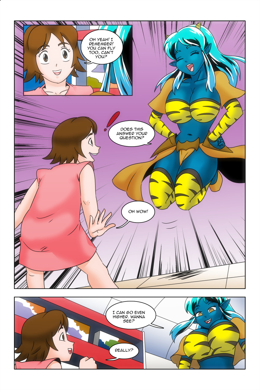 alien_girl blue_skin brown_eyes brown_hair cleavage comic dialogue dress empty_eyes femsub green_hair horns large_breasts loli lum midriff multicolored_hair oni_girl original princess short_hair smile story text urusei_yatsura wadevezecha