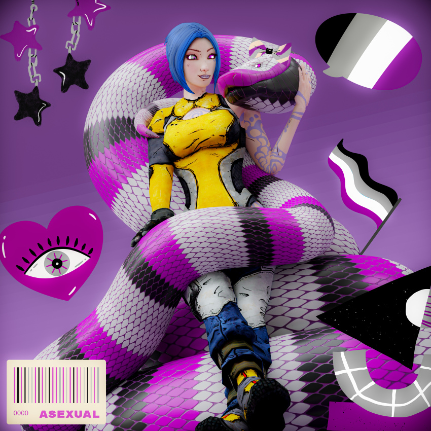 3d asexual barcode belt blue_hair boots borderlands_(series) chains cleavage clothed coils cuddling femsub gradient_background happy_trance heart itsybitsystories kaa_eyes leotard maya_(borderlands) pants pride_colors purple_background ribbon short_hair sitting smile snake speech_bubble tattoo wholesome