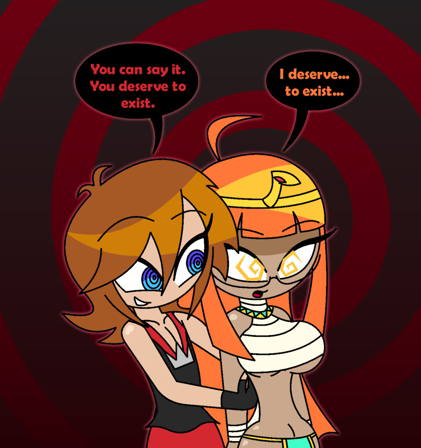 aged_up ahoge alternate_costume alternate_hairstyle bare_shoulders blue_eyes brown_hair crossover dialogue disney egyptian english_text femsub fingerless_gloves futaba_sakura gloves hypnoscream kingdom_hearts long_hair maledom midriff navel open_mouth orange_hair persona_(series) persona_5 ring_background ring_eyes shadow_(persona) shadow_futaba short_hair smile sora speech_bubble spiralwash_eyes square_enix text thighs very_long_hair wholesome yellow_eyes