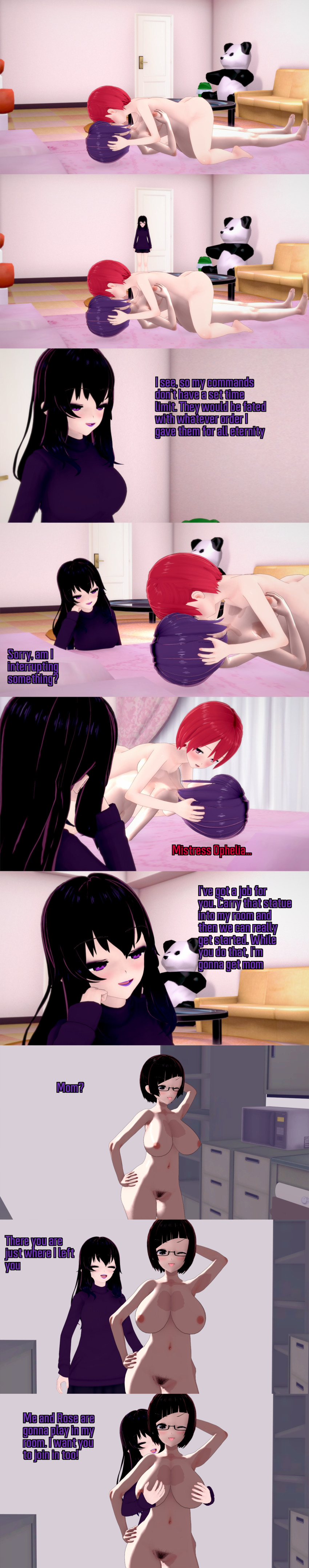 absurdres black_hair breasts clothed dialogue elise_(ophelia's_dollhouse) english_text female_only femdom femsub glasses grey_eyes kissing lia_(ophelia's_dollhouse) long_hair milf mother_and_daughter multiple_girls multiple_subs nipples nude one_eye_open ophelia's_dollhouse ophelia_(ophelia's_dollhouse) posing pubic_hair purple_eyes purple_hair red_hair rose_(ophelia's_dollhouse) short_hair sisters statue text tongue tongue_out wink yuri zenin1