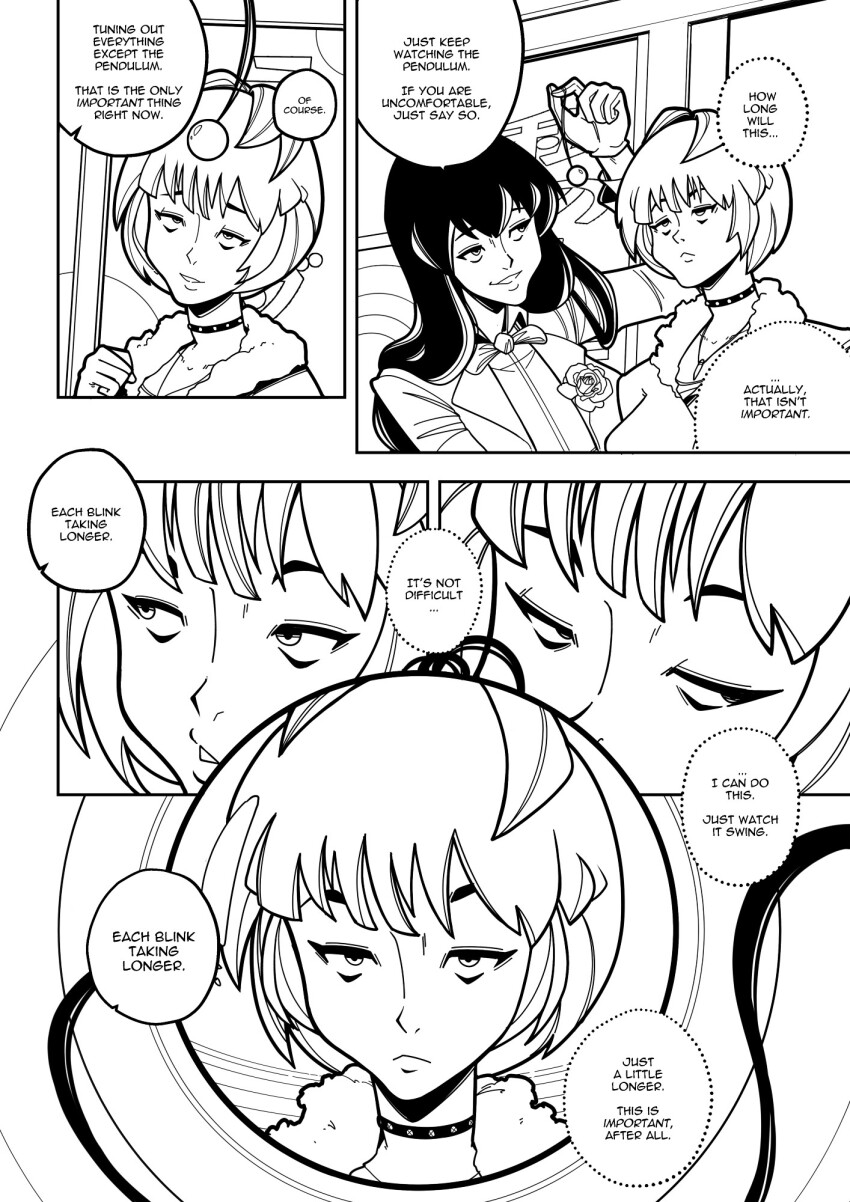 black_hair choker comic efalabrino female_only femdom femsub open_mouth pendulum persona_(series) persona_5 resisting tae_takemi text thought_bubble