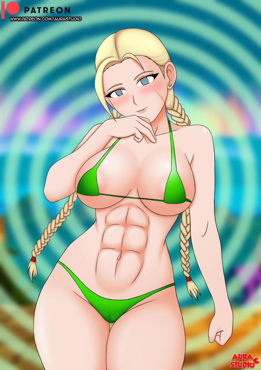 abs aurastudio bare_legs bikini blonde_hair blue_eyes braid cameltoe cammy_white capcom collarbone female_only femsub large_breasts long_hair looking_at_viewer micro_bikini muscle_girl navel ring_eyes scar signature smile solo spiral_background standing street_fighter twintails