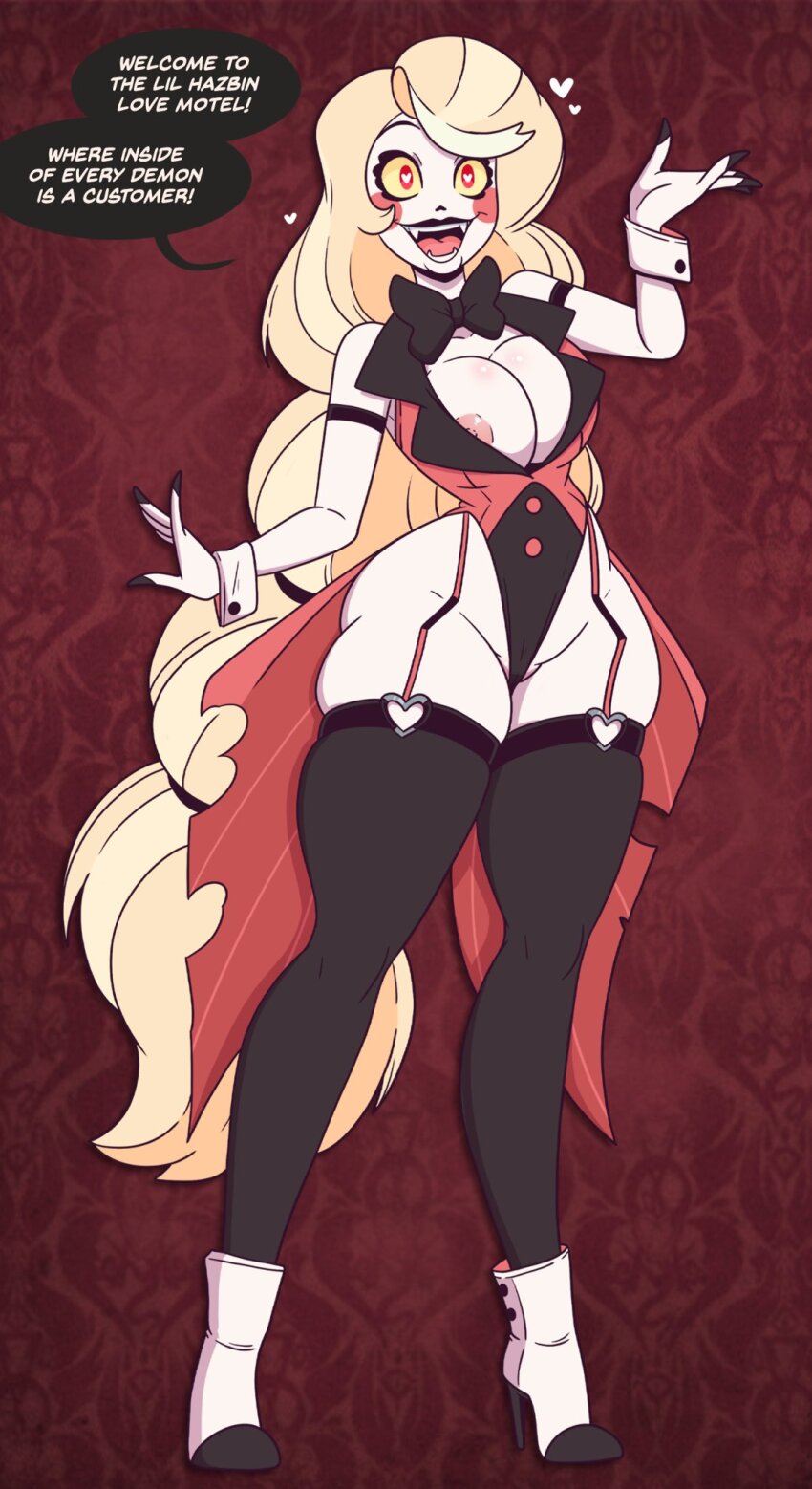 bimbofication black_nail_polish blonde_hair boots bottomless bow bow_tie charlie_(hazbin_hotel) cleavage cleavage_cutout clothed_exposure collarbone cuffs dialogue exposed_chest facial_markings fangs female_only femsub garter_straps happy_trance hazbin_hotel heart heart_eyes high_heels hourglass_figure large_breasts large_hips leotard lipstick looking_at_viewer makeup nipples no_panties open_mouth prostitution red_eyes simple_background smile solo speech_bubble standing text thick_thighs thighhighs torn_clothes very_long_hair white_skin wrenzephyr2 yellow_sclera
