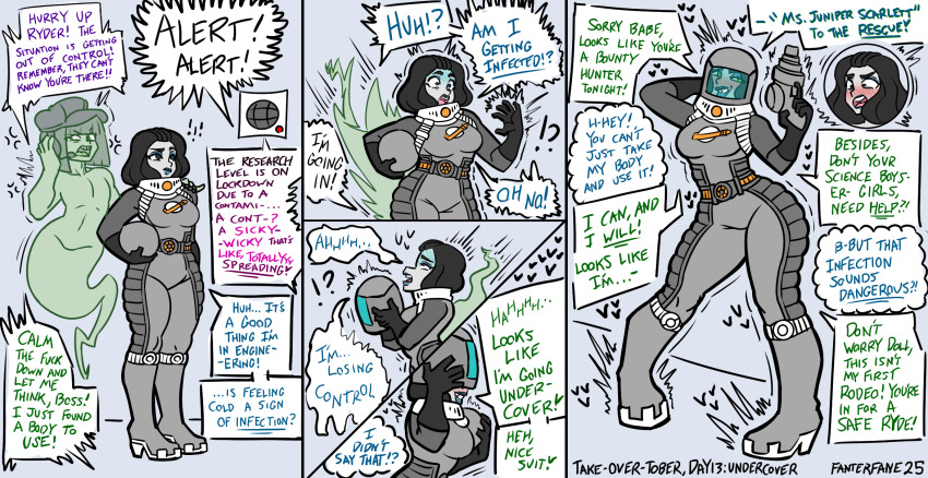 aware belt black_hair blush body_control comic fanterfane femsub gloves green_eyes greyscale gun hat heart helmet high_heels knee-high_boots maledom posing possession surprised trembling