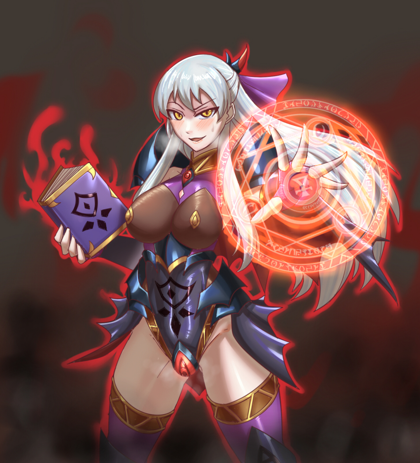 alternate_costume aura blush breasts corruption evil_smile femsub fingerless_gloves fire_emblem fire_emblem_radiant_dawn gloves hair_ribbon happy_trance large_breasts leebigtree leotard long_hair looking_at_viewer magic micaiah nintendo open_mouth ribbon smile sweat thick_thighs thighhighs thighs yellow_eyes