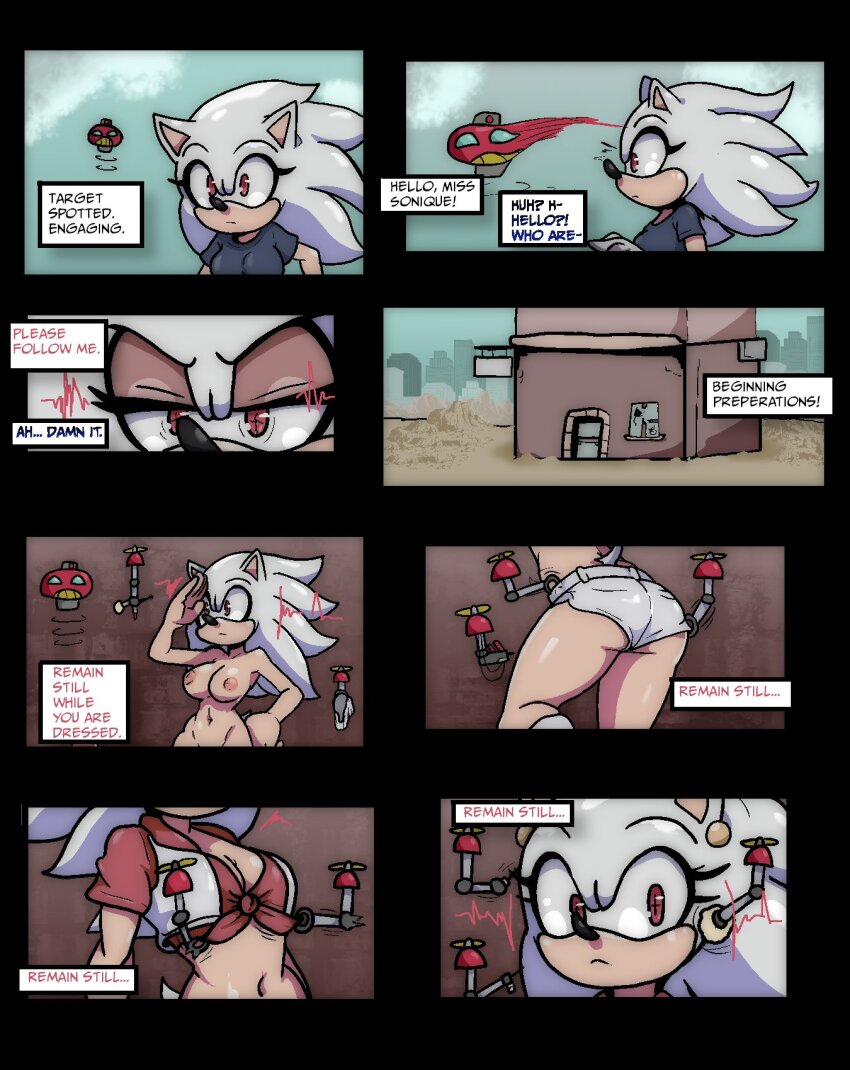 absurdres altered_common_sense alternate_costume animal_ears belt bikini boots bottomless breasts broth_nsfw cheerleader clothed clothed_exposure comic exposed_chest female_only femsub furry genderswap gloves hedgehog_girl nipples nude sonic_the_hedgehog sonic_the_hedgehog_(series) standing symbol_in_eyes