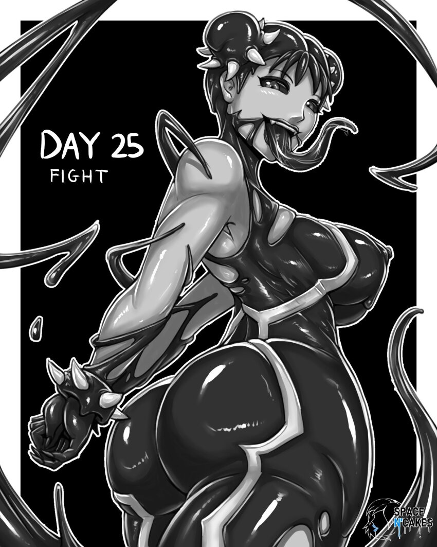 alien alternate_color_scheme alternate_costume alternate_hairstyle androgynous_dom arms_behind_back ass black_background black_hair black_lipstick black_sclera blush breasts capcom chun-li claws corruption english_text eyeshadow fangs femsub greyscale happy_trance large_breasts lipstick living_costume long_tongue looking_at_viewer looking_back marvel_comics nipples open_mouth parasite possession short_hair slime smile spacen&#039;cake spider-man_(series) street_fighter symbiote tentacles text tongue tongue_out venom_(marvel)