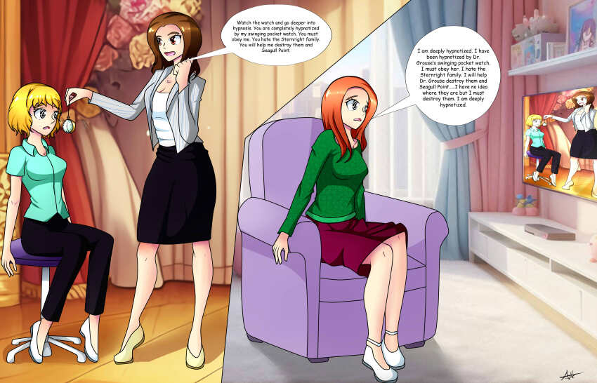 absurdres accidental_hypnosis attentte blonde_hair brown_hair chair clock clothed dialogue female_only femdom femsub humor jacket long_hair open_mouth orange_hair pants pendulum red_hair shirt short_hair sitting skirt smile speech_bubble spiral_eyes stage_hypnosis sweater tagme text tv