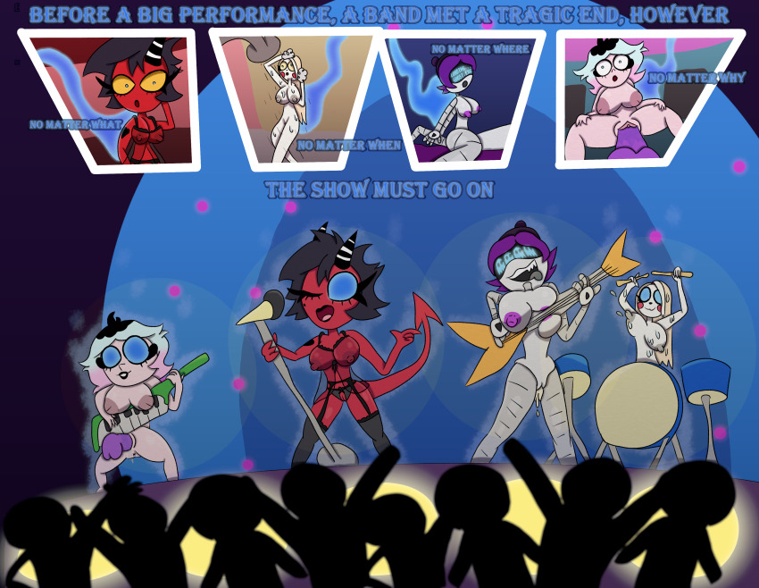 breasts charlie_(hazbin_hotel) dildo emberlynn_pinkle ghost glowing_eyes hazbin_hotel helluva_boss inverted_nipples lingerie millie_(helluva_boss) multiple_girls murder_drones music nude possession pussy pussy_juice stage tcross text tongue_out uzi_doorman wet