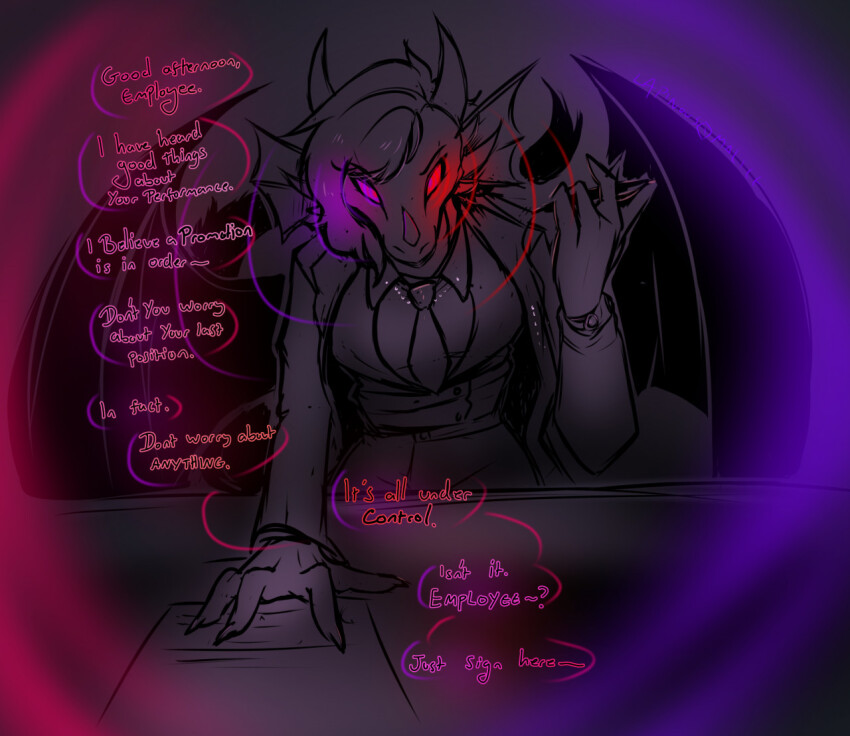 corporatification dialogue dragon_girl femdom forced_employee furry glowing_eyes horns hypnotic_eyes lapinousmalice looking_at_viewer pov pov_sub suit tie wings