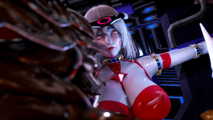 3d bodysuit breasts caroline_(dick_yang) dead_source dick_yang erect_nipples erect_nipples_under_clothes face_paint femsub giantess honey_select_2 huge_breasts hypnotic_accessory maledom monster personification restrained tech_control ultraman white_hair