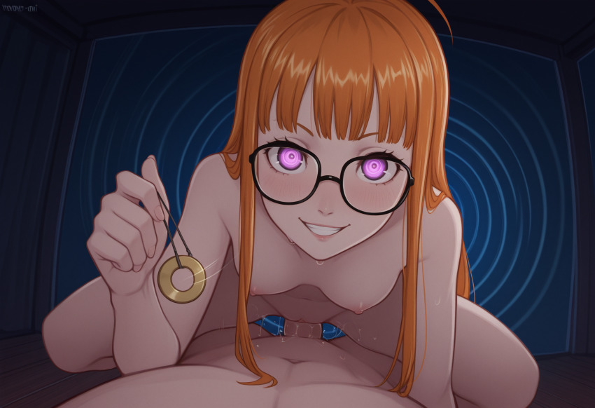 absurdres ai_art anaslex_(generator) cowgirl_position femdom futaba_sakura glasses hypnotic_accessory looking_at_viewer orange_hair pendulum penis persona_(series) persona_5 pov pov_sub purple_eyes sex vaginal