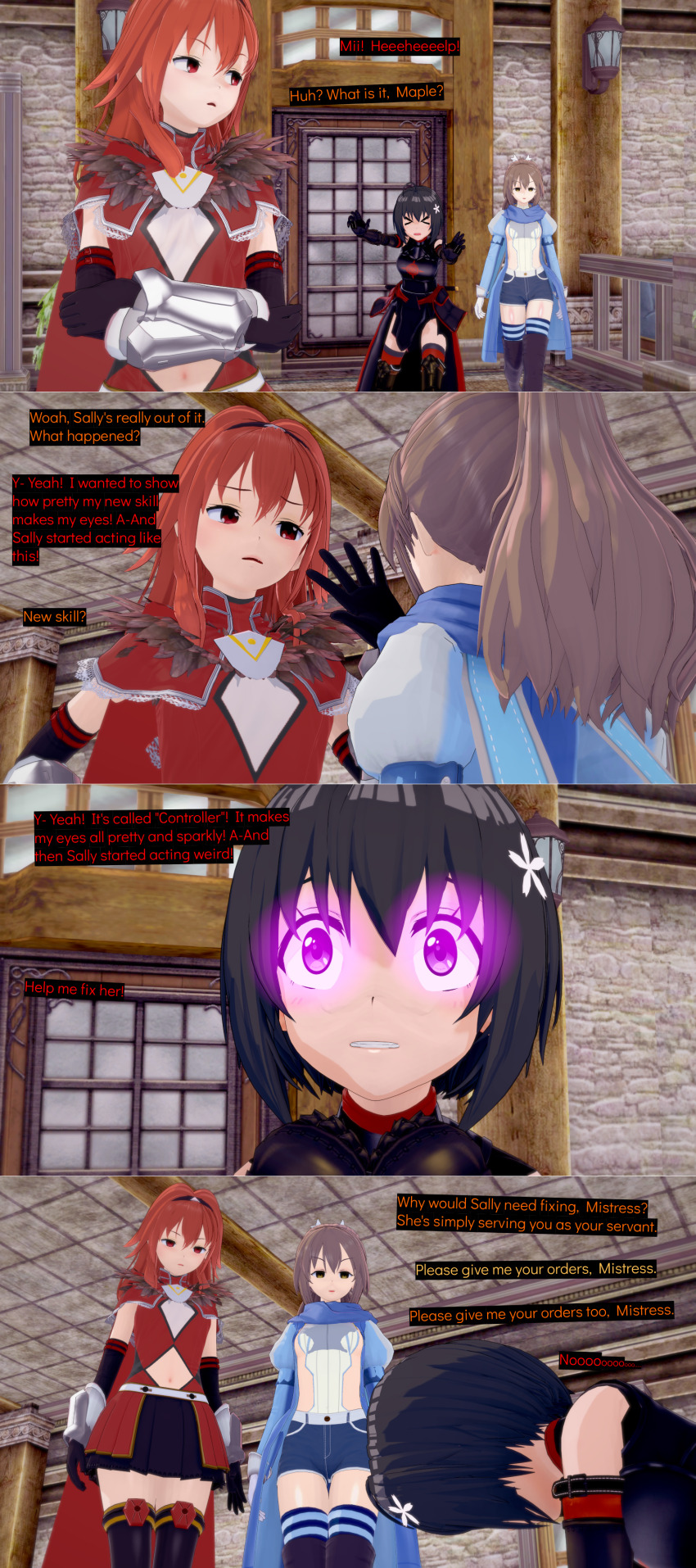 3d accidental_hypnosis armor black_hair cyanstargazer dialogue empty_eyes femdom femsub honjou_kaede i_hate_getting_hurt_so_i_put_all_my_skill_points_into_defense koikatsu! maple mii_(i_hate_getting_hurt_so_i_put_all_my_skill_points_into_defense) multiple_girls multiple_subs red_hair shiramine_risa tagme text