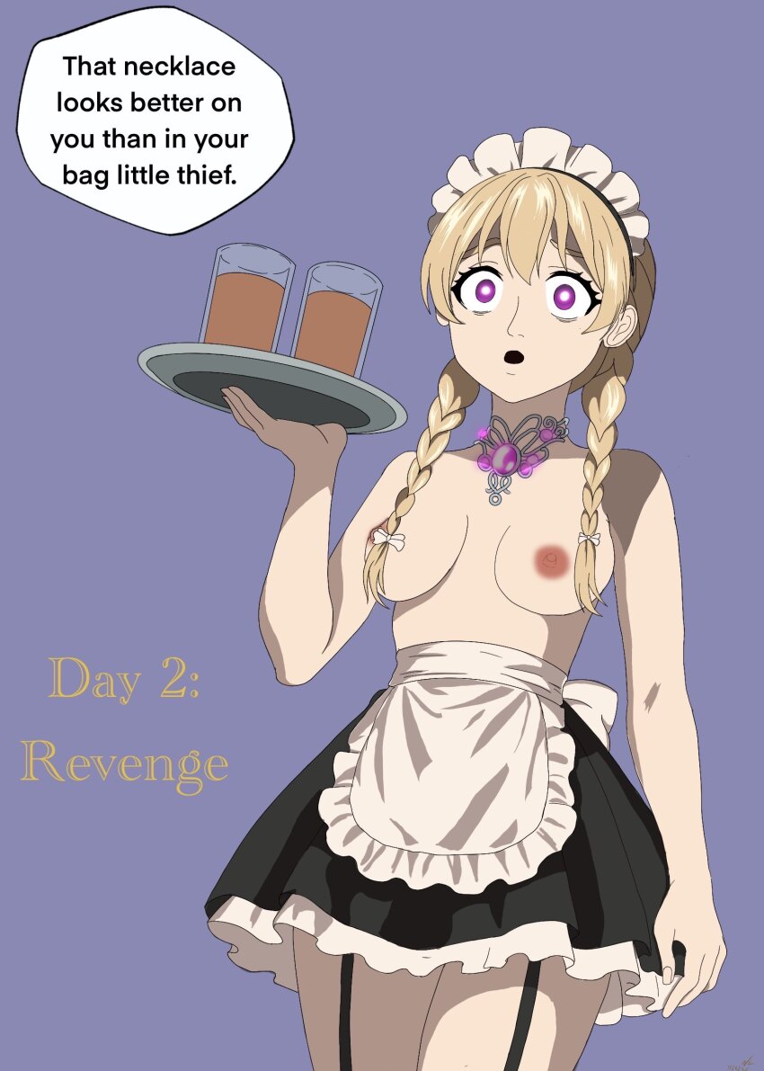 character_request english_text femsub glowing glowing_eyes hypnovember jewelry maid malaur simple_background text topless