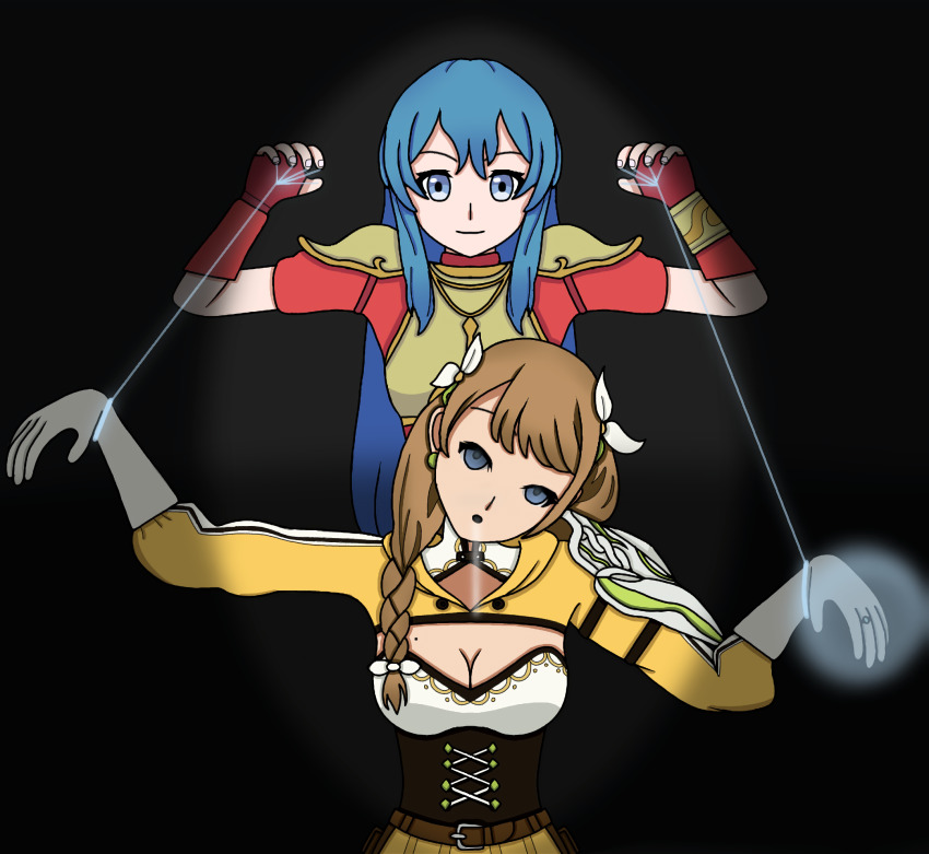 blue_eyes blue_hair breasts brown_hair clothed dazed drool eirika_(fire_emblem) empty_eyes esbypno female_only femdom femsub fire_emblem fire_emblem_engage glowing glowing_eyes goldmary_(fire_emblem) human_puppet hypnotic_accessory multiple_girls nintendo open_mouth puppet