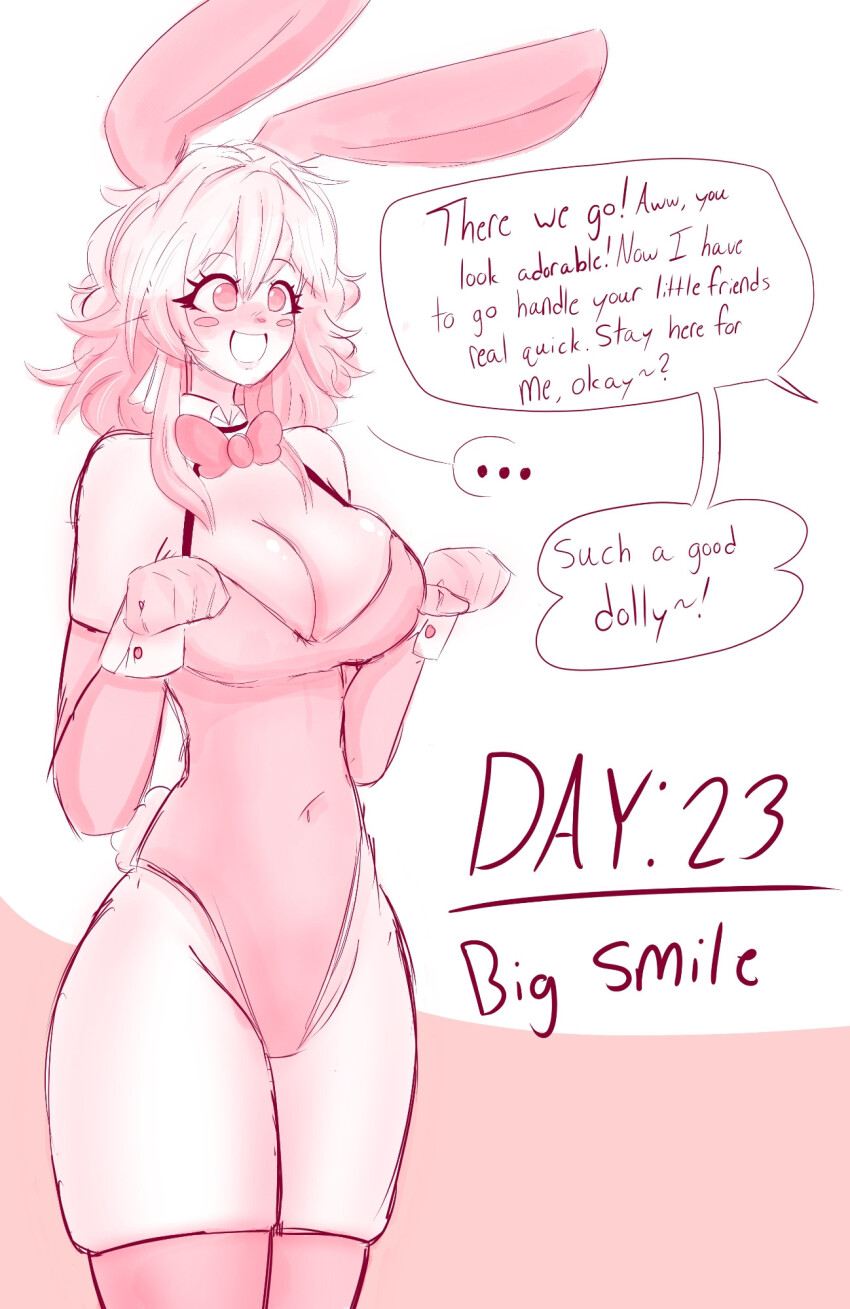 a_singular_fish blush bow_tie bunny_ears bunny_girl bunnysuit cleavage cuffs dollification eyebrows_visible_through_hair female_only femsub happy_trance honkai_star_rail hypnovember large_breasts leotard long_hair march_7th_(honkai_star_rail) opera_gloves pink_eyes simple_background smile solo text thick_thighs thighhighs thighs tight_clothing white_background wide_hips