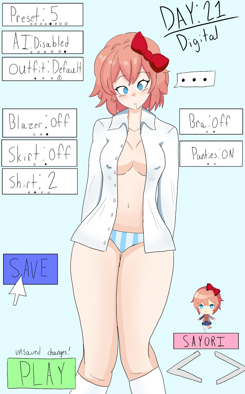 a_singular_fish blue_background blue_eyes blush brain_drain breasts chibi collarbone doki_doki_literature_club dressing drool empty_eyes erect_nipples_under_clothes eyebrows_visible_through_hair gameplay_mechanics hair_ribbon hypnovember legs navel no_bra open_shirt panties pink_hair progress_indicator ribbon sayori_(doki_doki_literature_club) school_uniform short_hair socks t-shirt tagme text thick_thighs undressing unfocused_eyes user_interface wide_hips