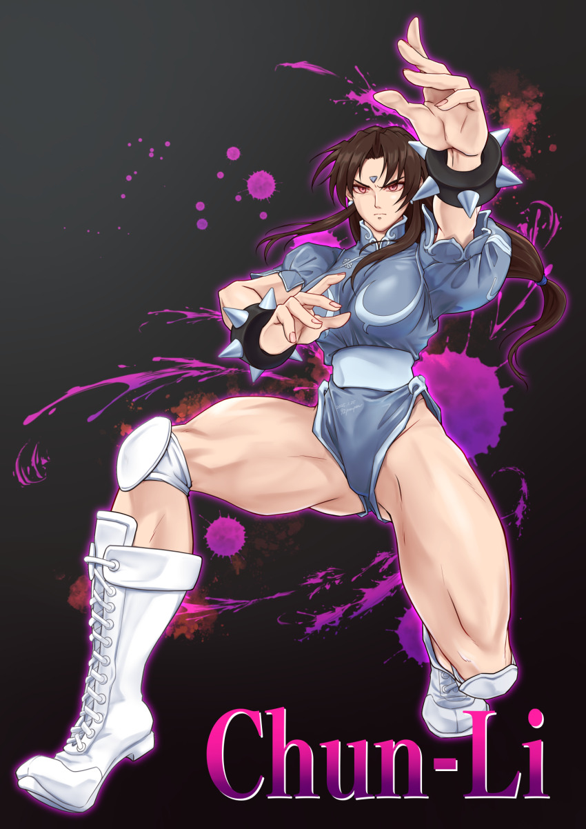 92penpen angry aura boots breasts brown_hair capcom chun-li cuffs earrings femsub glowing glowing_eyes gradient_background grey_background leotard long_hair microchip muscle_girl pink_eyes street_fighter street_fighter_ii_v tech_control text unhappy_trance