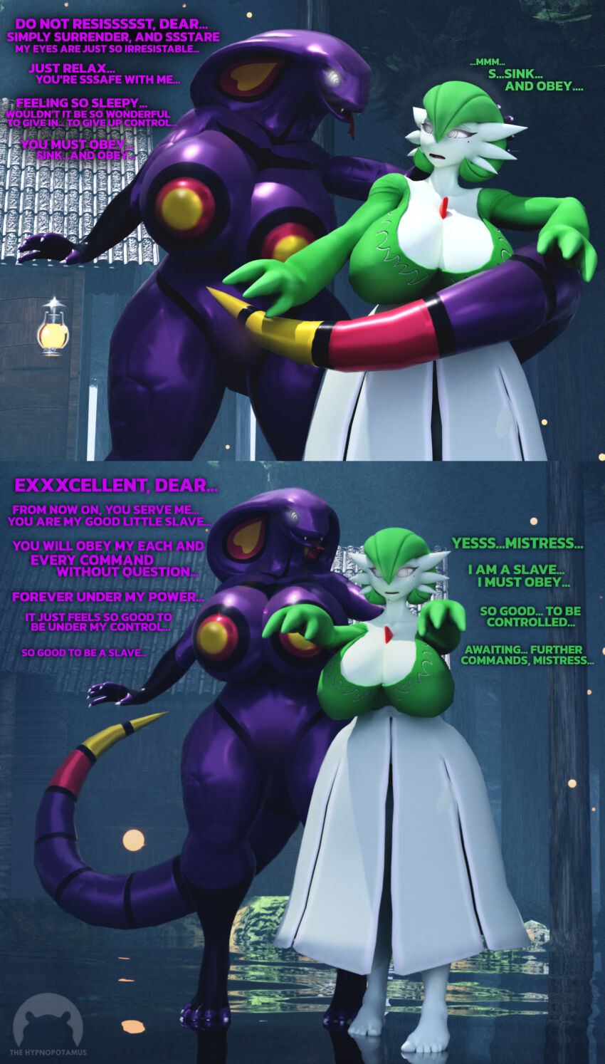 3d arbok female_only femdom femsub furry gardevoir large_breasts mole multiple_girls nintendo non-human_feet pokemon sleepy snake_girl spiral_eyes spiralwash_eyes tail text thehypnopotamus watermark zombie_walk