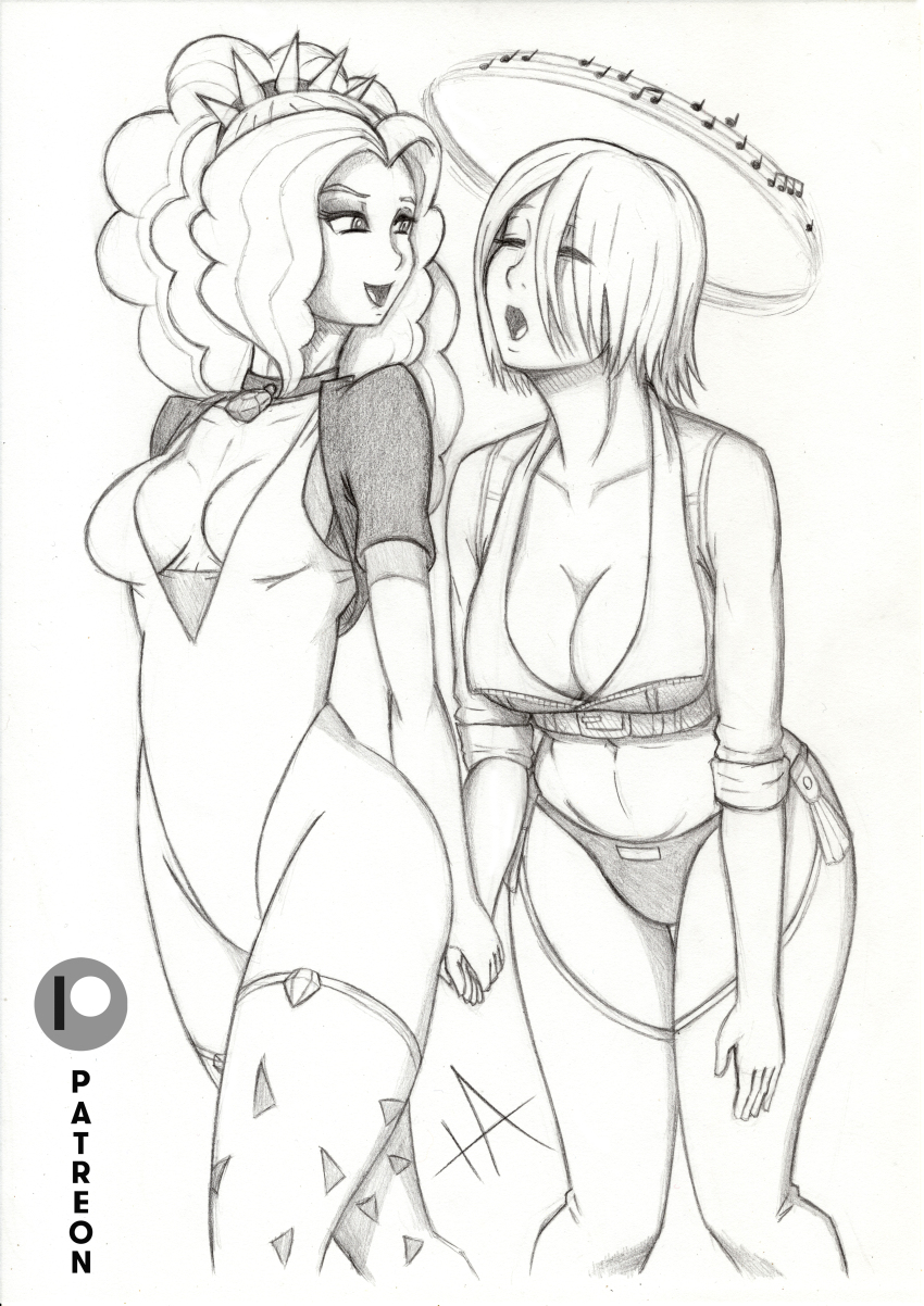 adagio_dazzle angel_(king_of_fighters) bare_shoulders breasts cleavage closed_eyes clothed control_indicator crossover equestria_girls female_only femdom femsub greyscale holding_hands hypnotic_music iashmoreart king_of_fighters midriff my_little_pony navel short_hair simple_background singing thighhighs thighs white_background