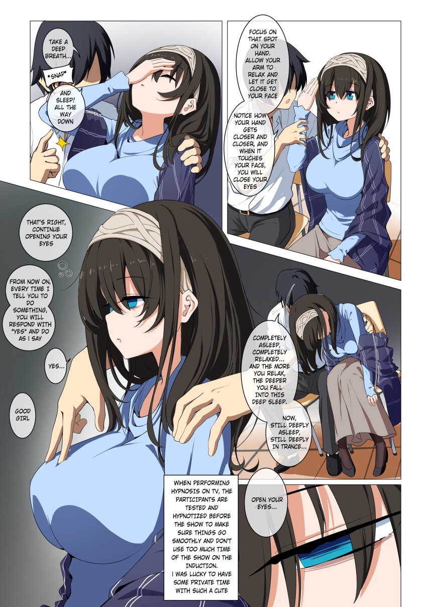 black_hair blue_eyes chair closed_eyes comic dazed drool empty_eyes etlabsotwe expressionless femsub finger_snap fumika_sagisawa groping headband huge_breasts idolmaster_cinderella_girls large_breasts maledom sitting skirt sleep_command sleeping sleepy text traditional_hypnosis
