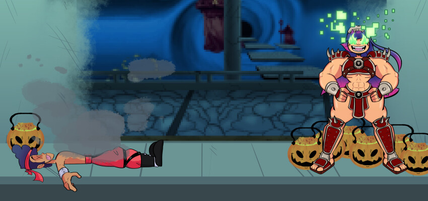 abs absurdres armor bandana boots bruno_tazas corruption crop_top glitch_techs glowing glowing_eyes hand_on_hip lying miko_kubota mortal_kombat muscle_girl navel on_back possession sandals shao_khan short_hair standing topless very_long_hair