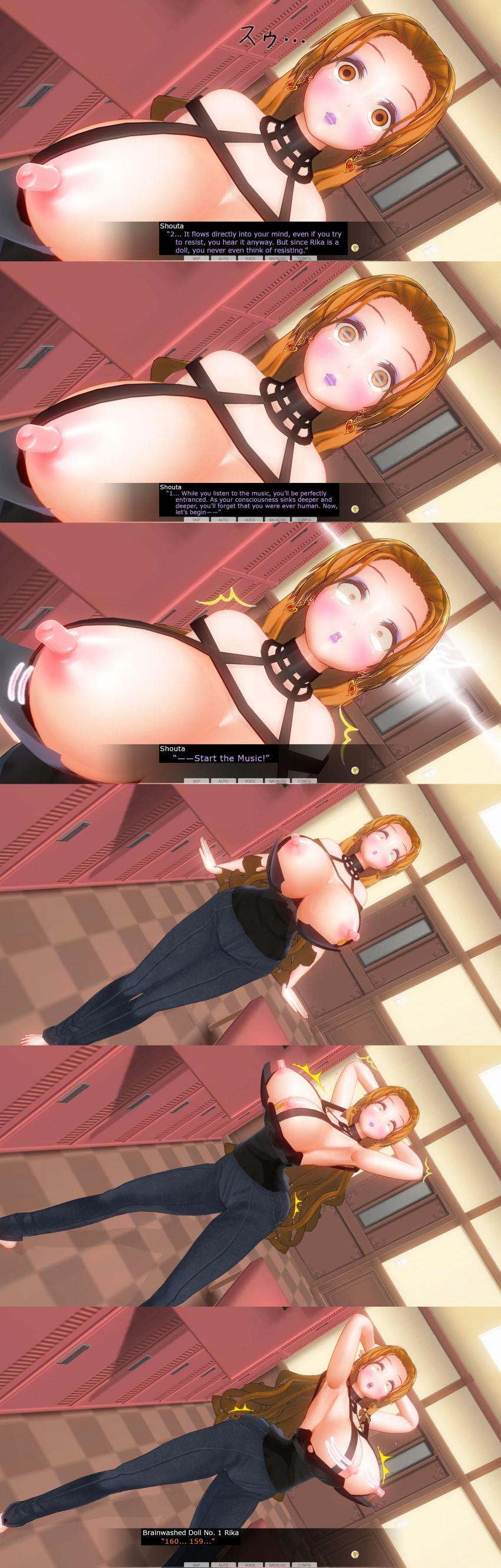 absurdres arms_above_head arms_behind_back breasts brown_hair comic crossed_eyes custom_maid_3d_2 dancing dialogue earrings empty_eyes english_text exposed_chest expressionless femsub hard_translated huge_breasts kamen_writer_mc lipstick long_hair maledom nipple_piercing nipples rika_(made_to_order) shrunken_irises text translated trigger