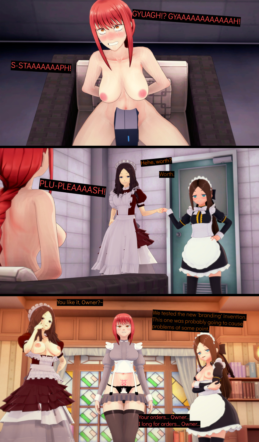 3d chainsaw_man cyanstargazer empty_eyes fate/grand_order fate_(series) femsub large_breasts leonardo_da_vinci_(fate) leonardo_da_vinci_(rider)_(fate) maid makima_(chainsaw_man) nipples nude text