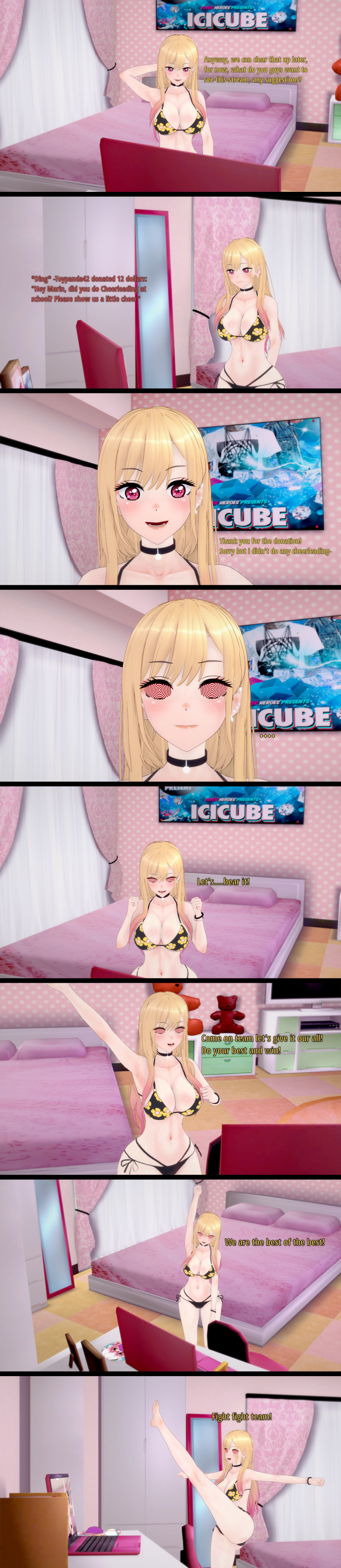 3d absurdres bikini blush bracelet breasts camera cheerleader collar complex_background computer dialogue earrings english_text eyebrows_visible_through_hair eyelashes eyeshadow femsub floral_print flower hourglass_figure jewelry koikatsu! large_breasts long_hair makeup maledom marin_kitagawa midriff multicolored_hair my_dress-up_darling navel public_use red_eyes sequence smile spiralwash_eyes standing_split sugus tech_control text trigger unaware