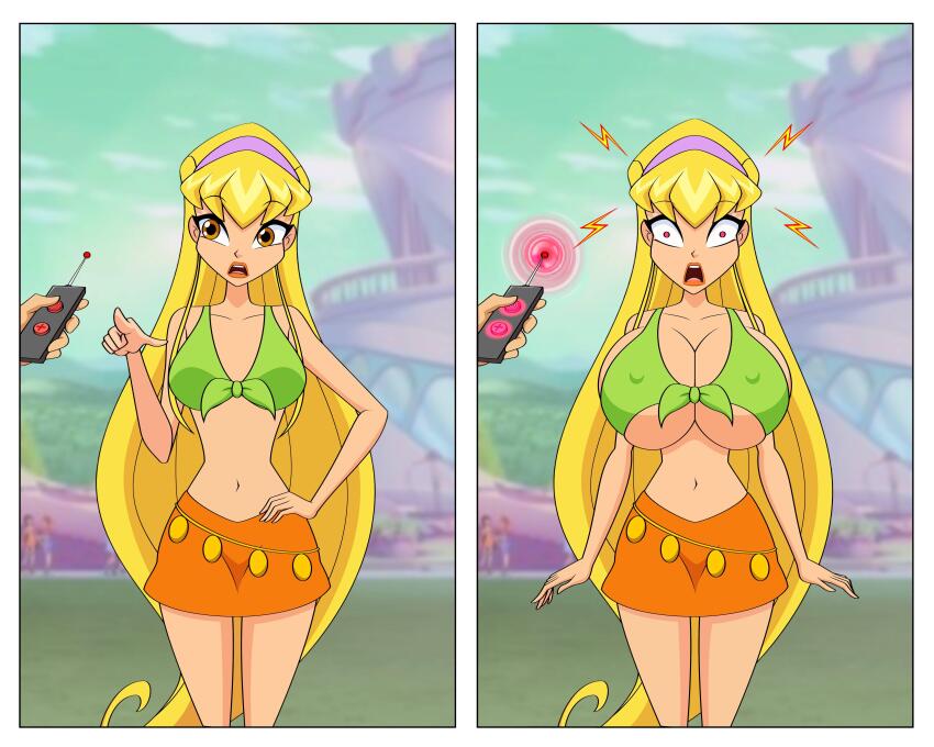 breast_expansion breasts brown_eyes femsub jimryu orange_lipstick red_eyes remote_control skirt stella_(winx_club) winx_club