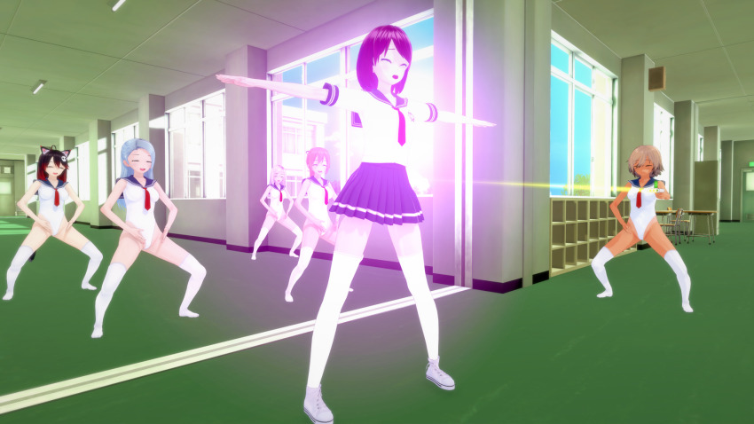 3d body_control femsub haigure haigure_ayami haigure_ayami_(artist) happy_trance leotard multiple_girls multiple_subs original raygun school_uniform swimsuit