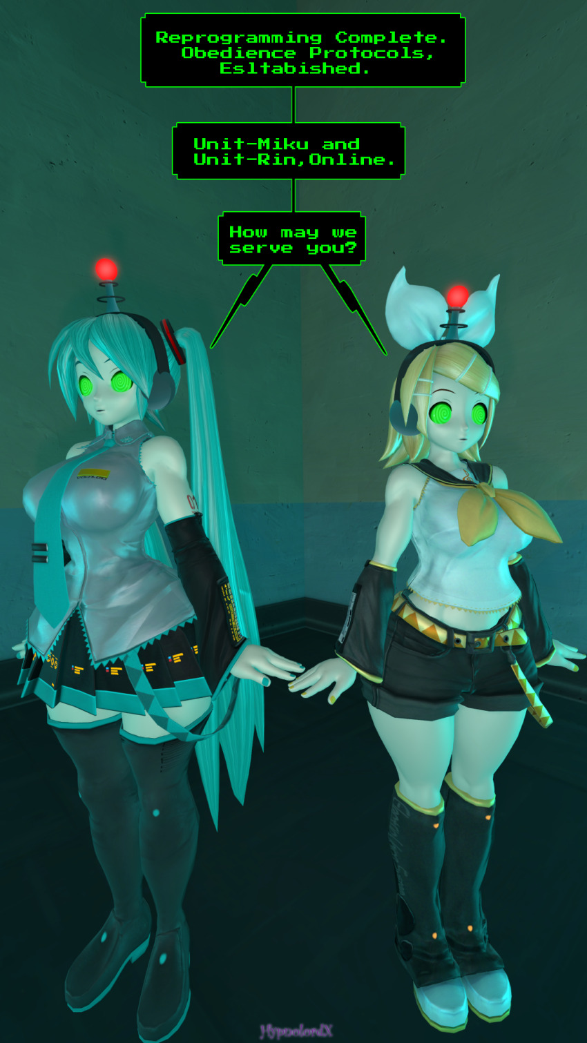 3d blonde_hair blue_hair breasts clothed dialogue expressionless female_only fembot femsub glowing glowing_eyes green_eyes headphones hypnolordx long_hair miku_hatsune multiple_girls multiple_subs ribbon rin_kagamine robotization short_hair shorts signature skirt source_filmmaker speech_bubble spiral_eyes spiralwash_eyes standing standing_at_attention symbol_in_eyes tech_control text twintails vocaloid