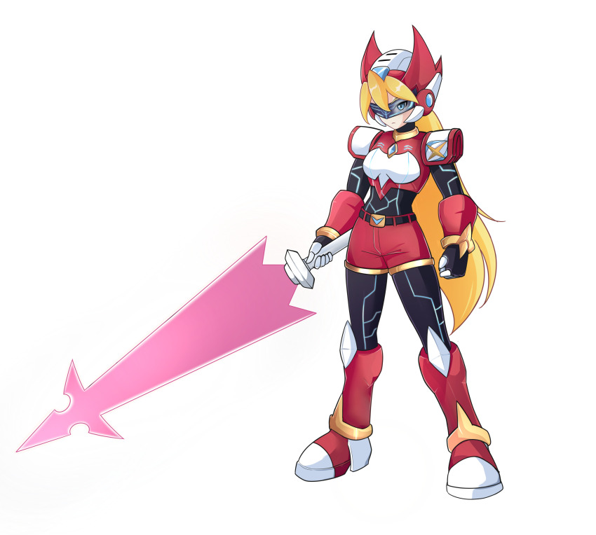 alternate_costume blonde_hair blue_eyes breasts capcom ciel_(megaman_zero) corruption expressionless femsub fusion gloves helmet long_hair maledom megaman_(series) megaman_zero megaman_zx model_o omega_(megaman) ponytail possession standing sword uta_guipiy weapon