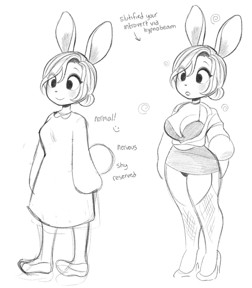 before_and_after bimbofication breasts bunny_girl candy_(peonybunny) cleavage expressionless feminization femsub furry hair_buns leggings monochrome original peonybunny single_hair_bun tagme text