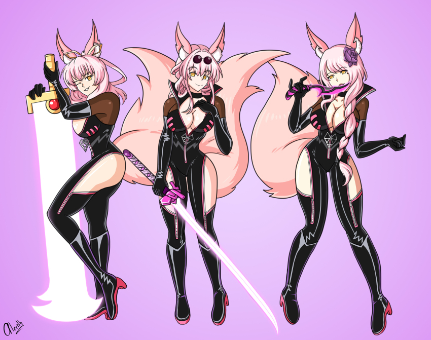 absurdres alerith animal_ears ass bodysuit boots braid breasts choker cleavage cosplay crossover elsa_granhiert eyebrows_visible_through_hair fate_(series) female_only femsub flower fox_ears fox_girl fox_tail gloves happy_trance high_heels honkai_star_rail kafka_(honkai_star_rail) knife koyanskaya large_breasts latex licking long_hair mole multiple_girls multiple_subs one_eye_open opera_gloves pink_background pink_hair re:zero_starting_life_in_another_world rixia_mao signature simple_background smile sword tail the_legend_of_heroes thighs tongue tongue_out twinning weapon wink yellow_eyes zipper