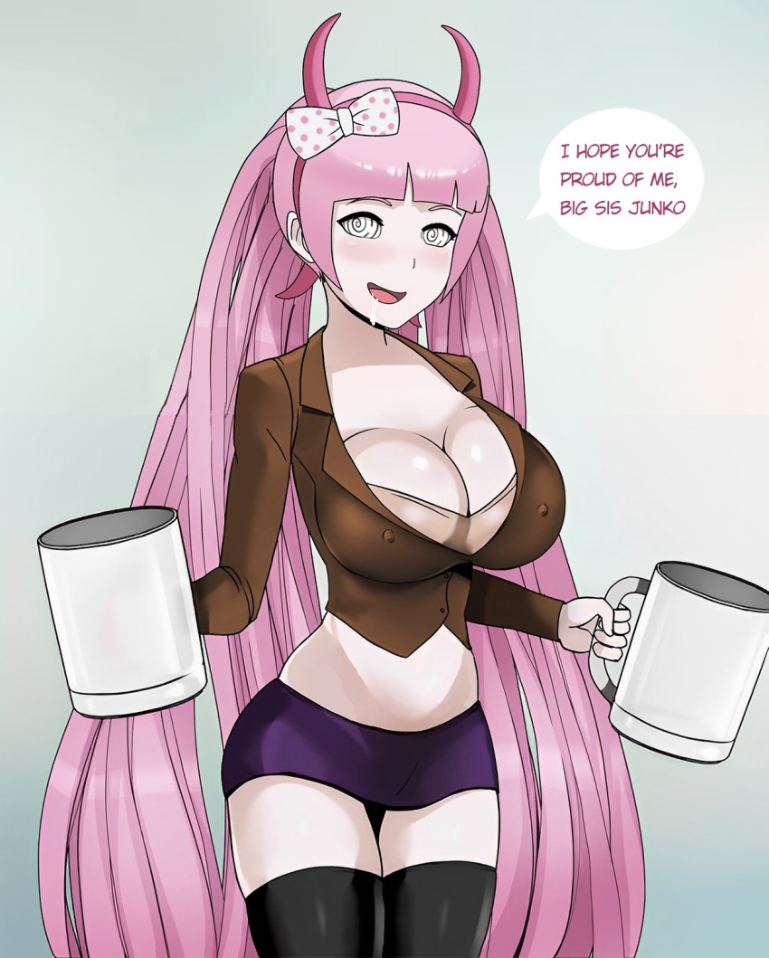 aged_up blush bow bra breasts cleavage dangan_ronpa dangan_ronpa_another_episode darktsubaki_(manipper) drinking drool erect_nipples erect_nipples_under_clothes female_only femdom femsub gradient_background grey_background hairband happy_trance kotoko_utsugi large_breasts manip miniskirt nipples office_lady pink_hair shinzu simple_background skirt smile solo spiral_eyes spiralwash_eyes tagme thigh_gap thighhighs thighs twintails very_long_hair