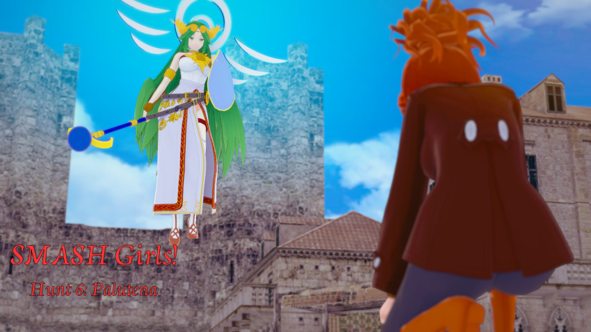 aware clothed cover cyanstargazer english_text goddess green_hair kid_icarus long_hair multiple_girls nintendo palutena red_hair shield staff super_smash_bros. text