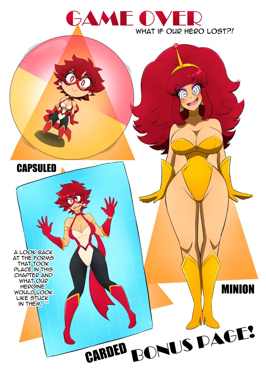 antenna bad_end bare_shoulders bimbofication bodysuit boots bouffant bracelet brain_drain bree_(gacha_gotcha) cape chibi choker cleavage collarbone defeated earrings enemy_conversion eyebrows_visible_through_hair eyelashes eyeshadow female_only femsub freckles gacha_gotcha gloves happy_trance hourglass_figure kobi94 large_breasts legs leotard long_hair looking_at_viewer makeup mask open_mouth original red_eyes red_hair restrained short_hair smile solo standing super_hero tech_control text thick_thighs thighhighs thighs transformation wide_hips