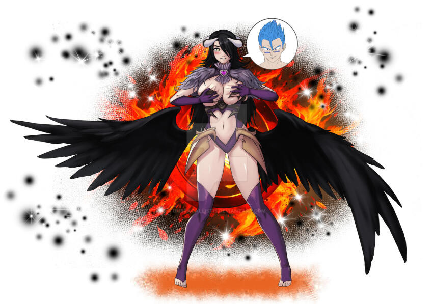 albedo_(overlord) alternate_costume asura_(meisterdiebwolf) black_eyes black_hair blue_hair blush breast_fondling breast_grab choker femsub gloves hair_covering_one_eye happy_trance heart holding_breasts large_breasts long_hair maledom midriff navel opera_gloves original overlord possession short_hair speech_bubble standing succubus the_seven_deadly_sins thick_thighs thighhighs thighs umbra_callistis watermark wings yellow_eyes