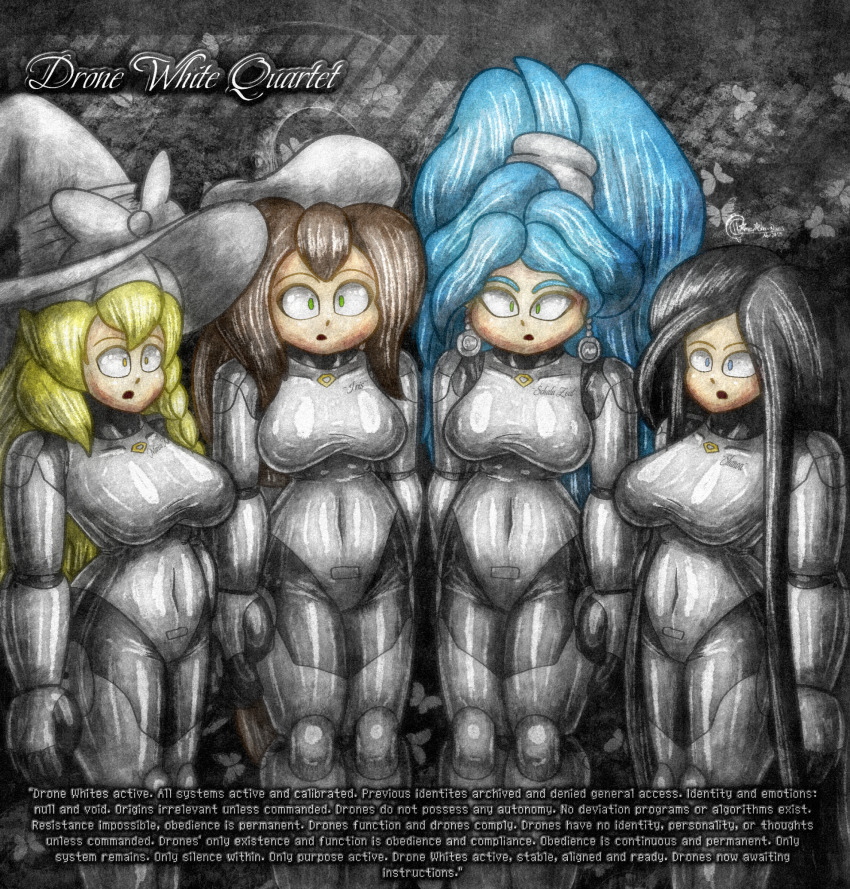 ameerashourdraws black_hair blonde_hair blue_eyes blue_hair bodysuit breasts brown_hair capcom chrono_trigger color complex_background dazed drone dronification female_only fembot femsub green_eyes grey_background iris_(megaman_x) latex long_hair mantra marisa_kirisame megaman_(series) megaman_x_(series) multiple_girls multiple_subs robotic_trance schala_(chrono_trigger) shanoa square_enix standing standing_at_attention tech_control text thighs touhou yellow_eyes