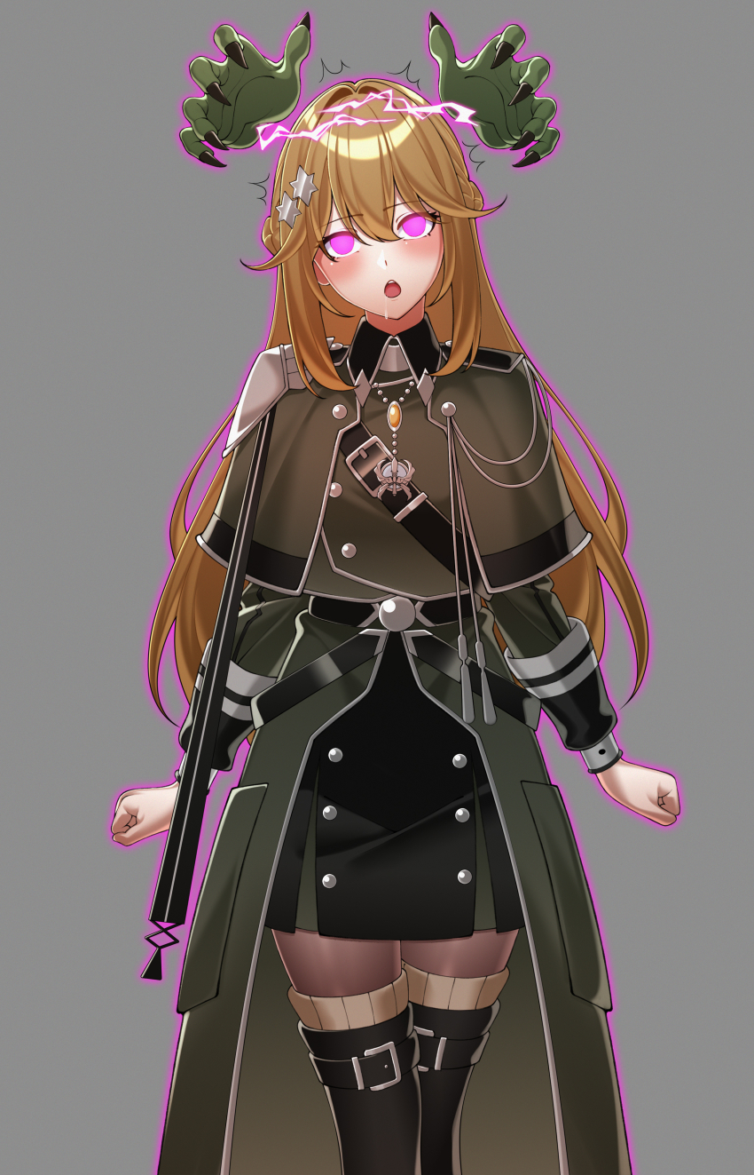 androgynous_dom aura blush brain_control_(yu-gi-oh!) brown_hair card clothed drool exosister_elis femsub glowing_eyes grey_background lukazyx phantom_hand pink_eyes simple_background very_long_hair yu-gi-oh!