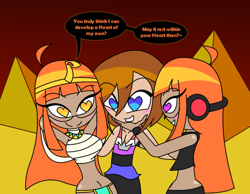 aged_up ahoge alternate_costume androgynous_dom arms_above_head bare_shoulders blue_eyes blush bracelet chin_hold collar consensual convenient_censoring crossover dialogue disney egyptian english_text eyebrows_visible_through_hair eyelashes femsub futaba_sakura happy_trance harem headphones heart_eyes hypnoscream hypnotized_dom kingdom_hearts large_breasts loincloth long_hair love midriff multiple_girls multiple_subs mummy navel open_clothes orange_background orange_hair persona_(series) persona_5 pride_colors purple_eyes shadow_futaba shiny_skin simple_background smile sora speech_bubble square_enix straight-cut_bangs tan_skin tank_top text very_long_hair wide_hips yellow_eyes