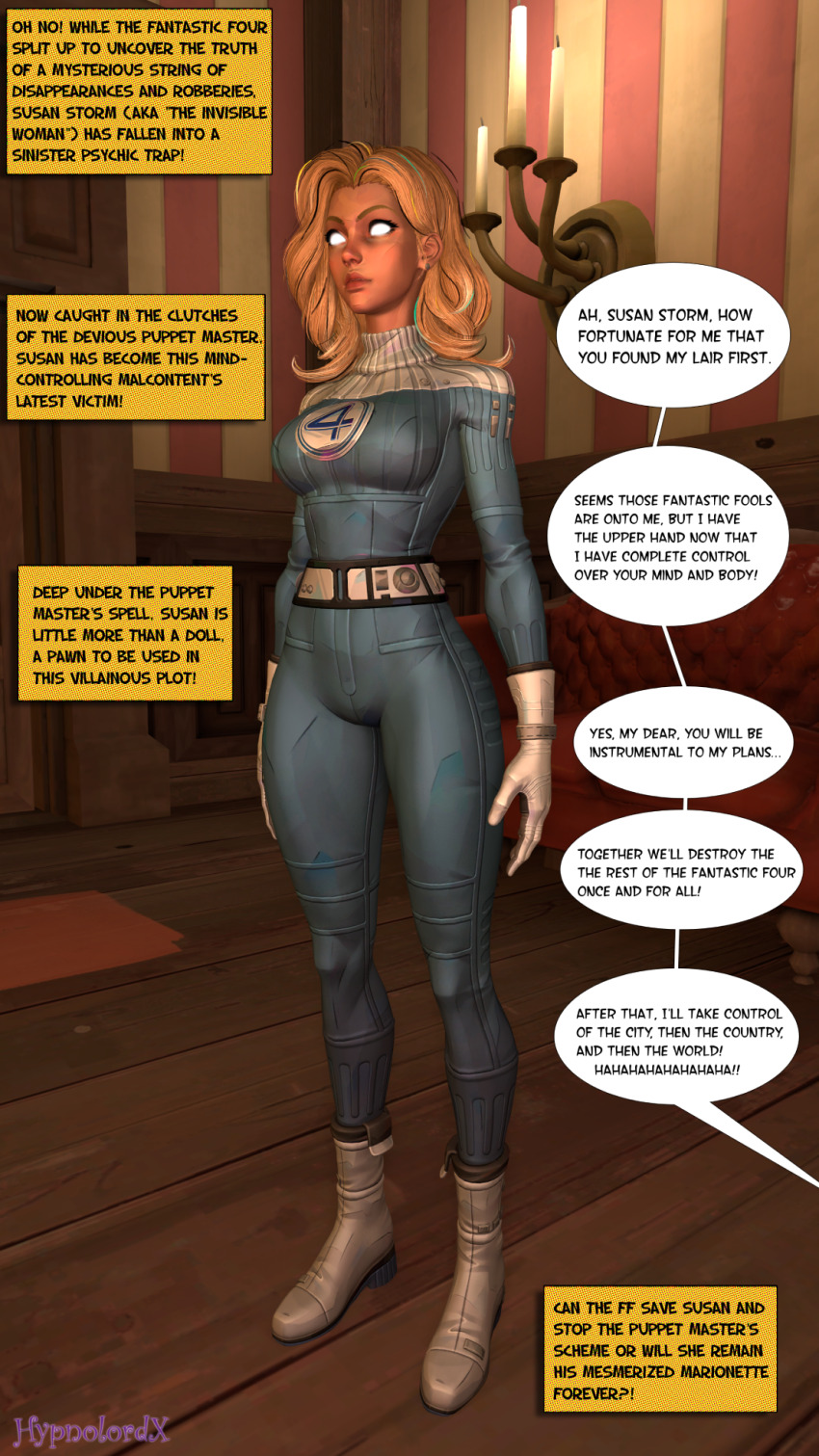 3d bad_end blonde_hair bodysuit breasts clothed empty_eyes enemy_conversion english_text fantastic_four female_only femsub hypnolordx light_skin long_hair marvel_comics milf pale_skin speech_bubble standing susan_storm text
