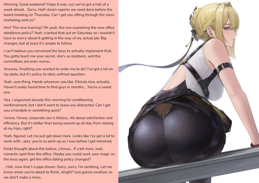 altered_common_sense ass ass_focus aware blonde_hair braid caption caption_only evelyn_chevalier femsub huge_ass indifferent large_ass looking_at_viewer looking_back maledom manip monsieurchuchote_(writer) office_lady pov pov_dom purple_eyes short_hair simple_background sitting tank_top text white_background zenless_zone_zero