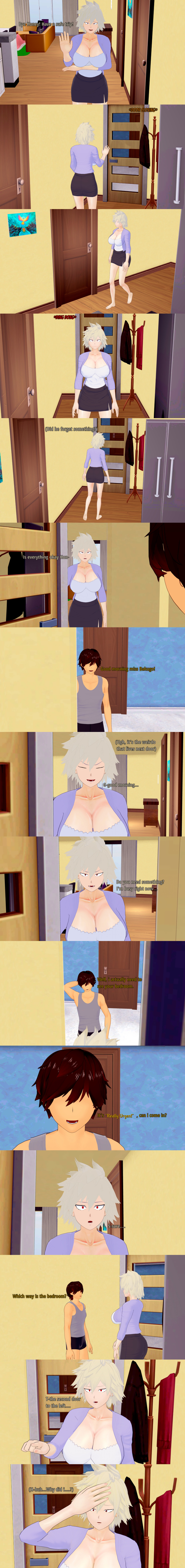 3d absurdres black_hair blonde_hair clothed comic dialogue empty_eyes english_text expressionless femsub maledom milf mitsuki_bakugo my_hero_academia no_eyes red_eyes short_hair sugus text