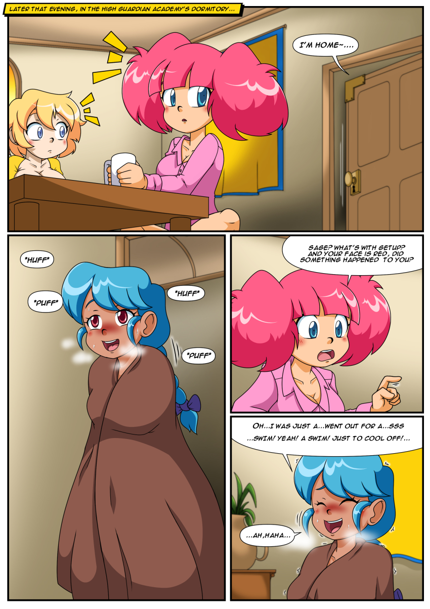 blonde_hair blue_hair blush braid caption cleavage cloak comic high_guardian_spice pajamas parsley_(high_guardian_spice) pink_hair renaissanceofchaos rosemary_(high_guardian_spice) sage_(high_guardian_spice) text