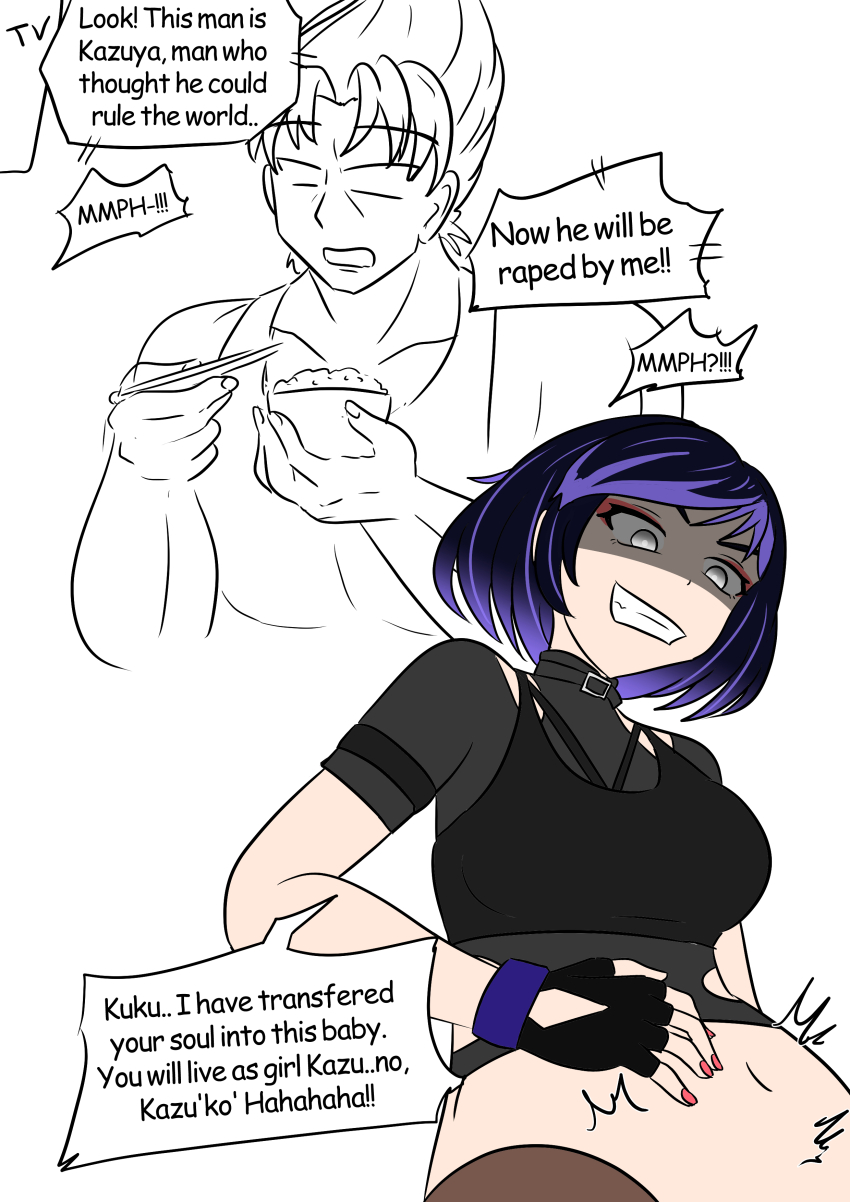 bandai_namco bare_shoulders black_hair body_swap breasts dialogue english_text evil_smile eyeshadow father_and_daughter father_and_son femdom femsub fertilization fingerless_gloves food gloves grandfather_and_grandson heihachi_mishima incest jin_kazama makeup maledom malesub midriff multicolored_hair multiple_boys multiple_subs nail_polish navel possession pregnant purple_hair reina_mishima short_hair simple_background smile speech_bubble surprised tank_top tekken text vel white_background