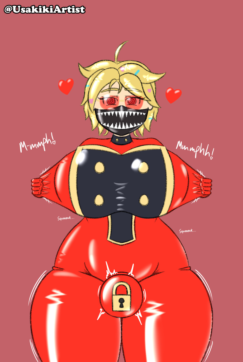 ass blonde_hair bodysuit breasts bulge female_only femsub fortnite hair_ornament happy_trance heart huge_breasts joni_(fortnite) latex mask meat_corp null_bulge rubber short_hair smile spiral_eyes standing uniform usakiki